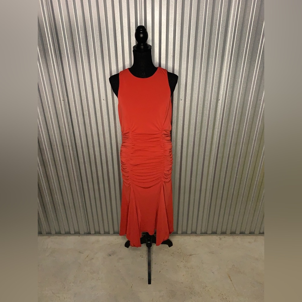 Women’s Maggy London Modern Polyester Spandex Zip Scrunch Midi Red Dress Size 10